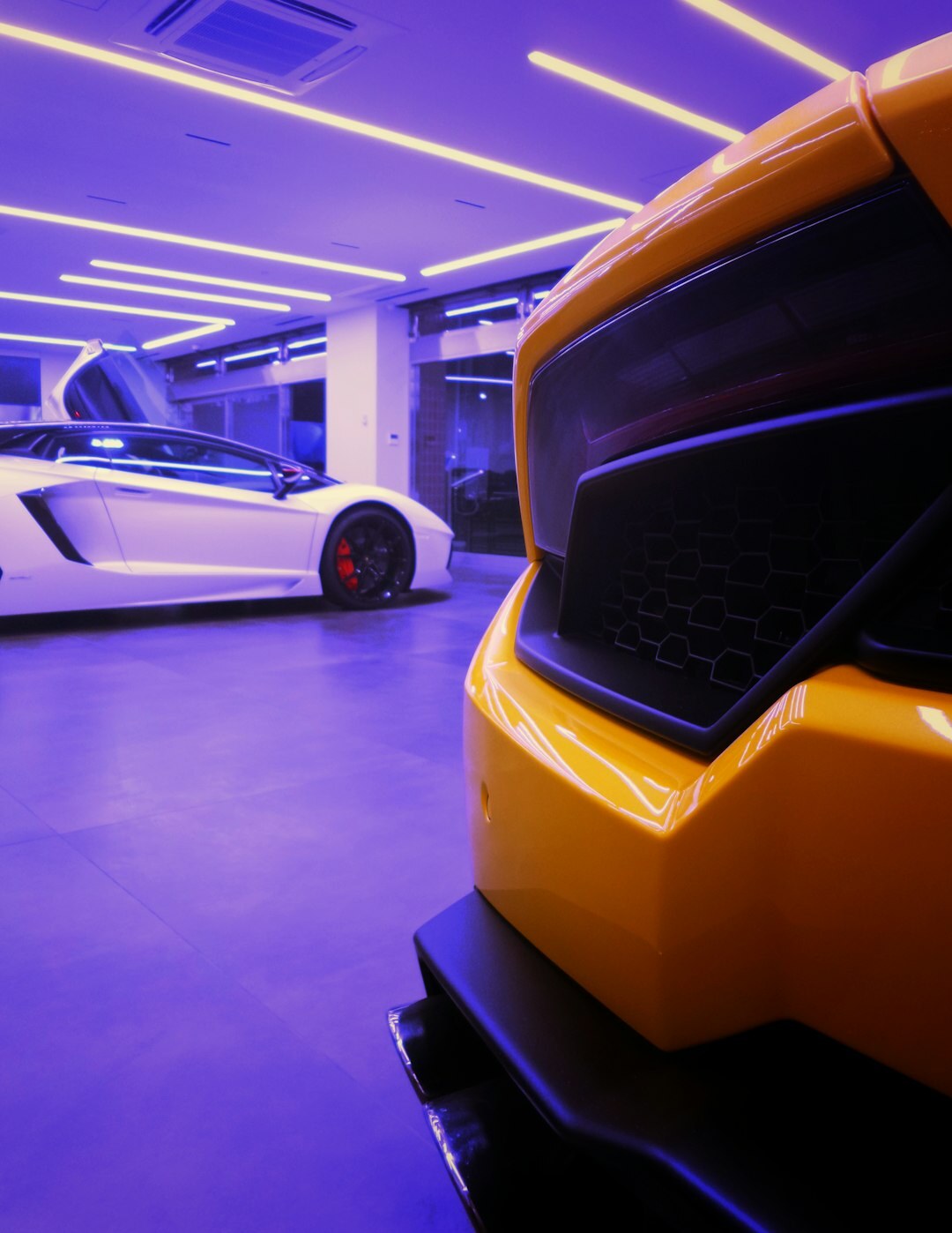 Interior of an exclusive private collector garage with multiple luxury cars